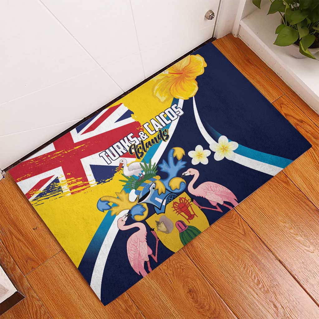 Turks and Caicos Islands Rubber Doormat Coat Of Arms Tropical Flowers