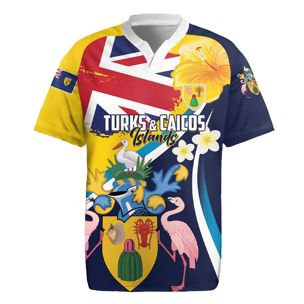 Personalised Turks and Caicos Islands Rugby Jersey Coat Of Arms Tropical Flowers