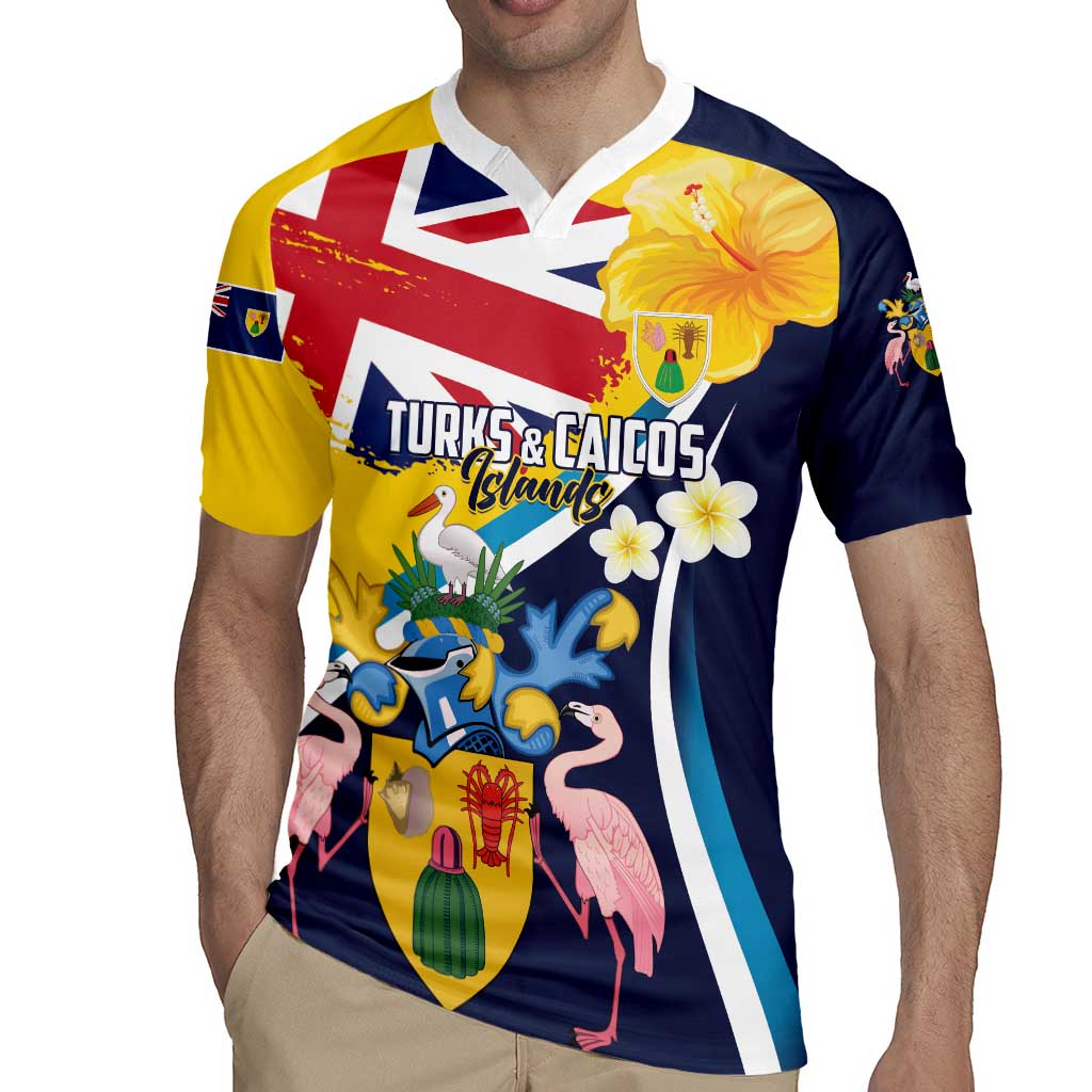 Personalised Turks and Caicos Islands Rugby Jersey Coat Of Arms Tropical Flowers