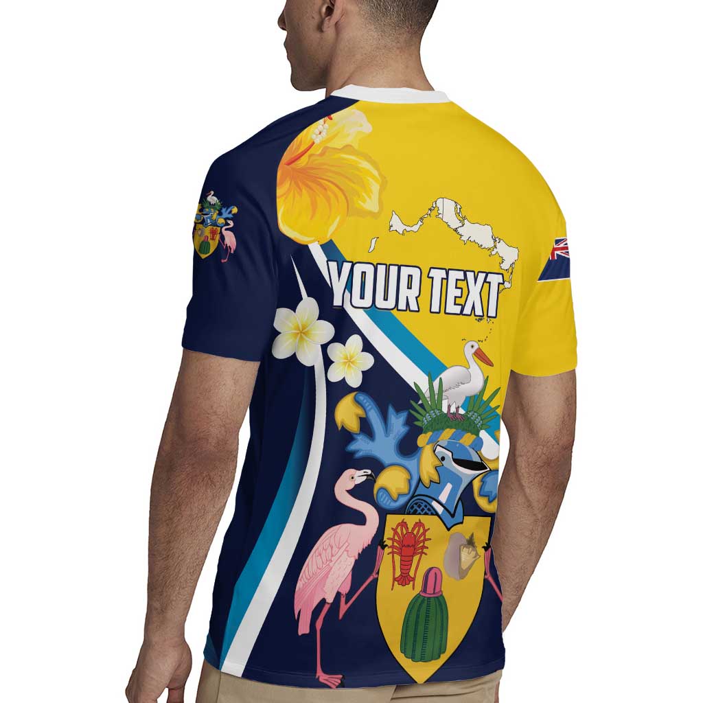 Personalised Turks and Caicos Islands Rugby Jersey Coat Of Arms Tropical Flowers