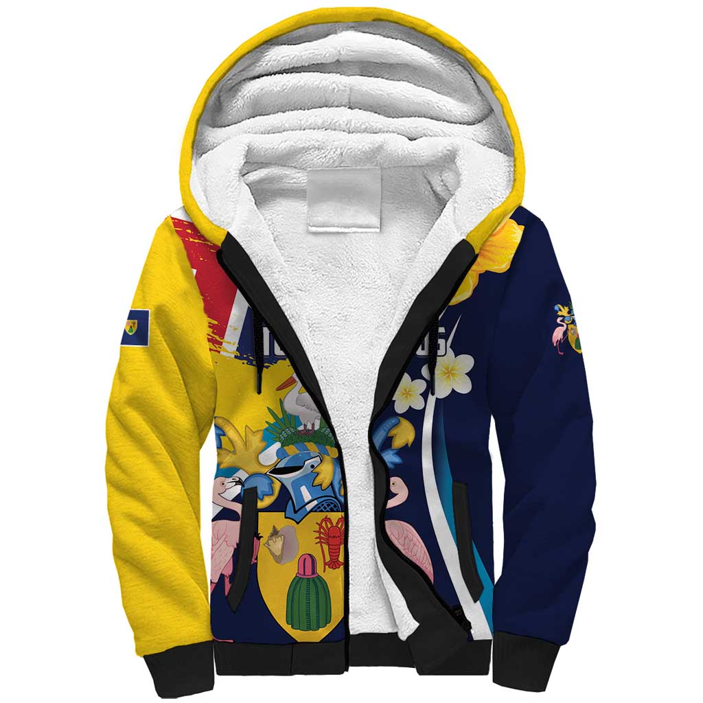 Personalised Turks and Caicos Islands Sherpa Hoodie Coat Of Arms Tropical Flowers