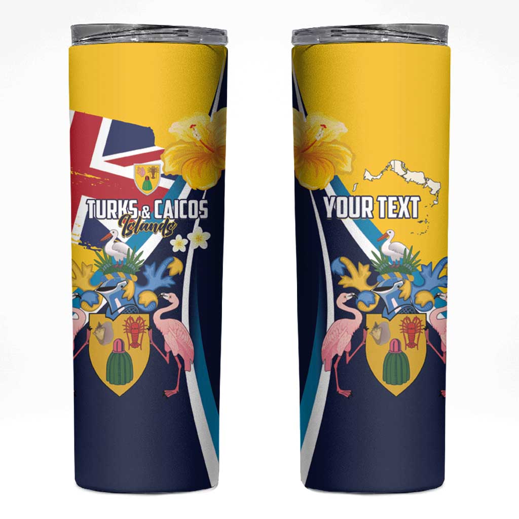 Personalised Turks and Caicos Islands Skinny Tumbler Coat Of Arms Tropical Flowers