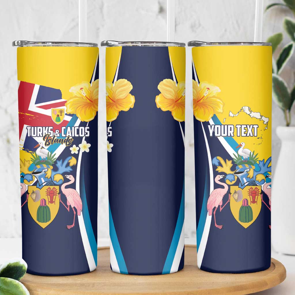 Personalised Turks and Caicos Islands Skinny Tumbler Coat Of Arms Tropical Flowers
