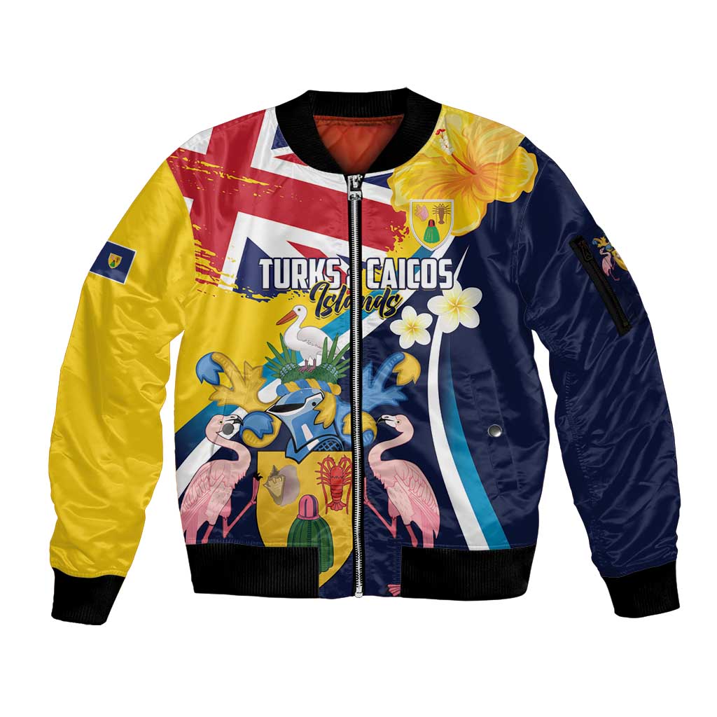 Personalised Turks and Caicos Islands Sleeve Zip Bomber Jacket Coat Of Arms Tropical Flowers