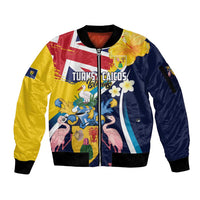 Personalised Turks and Caicos Islands Sleeve Zip Bomber Jacket Coat Of Arms Tropical Flowers
