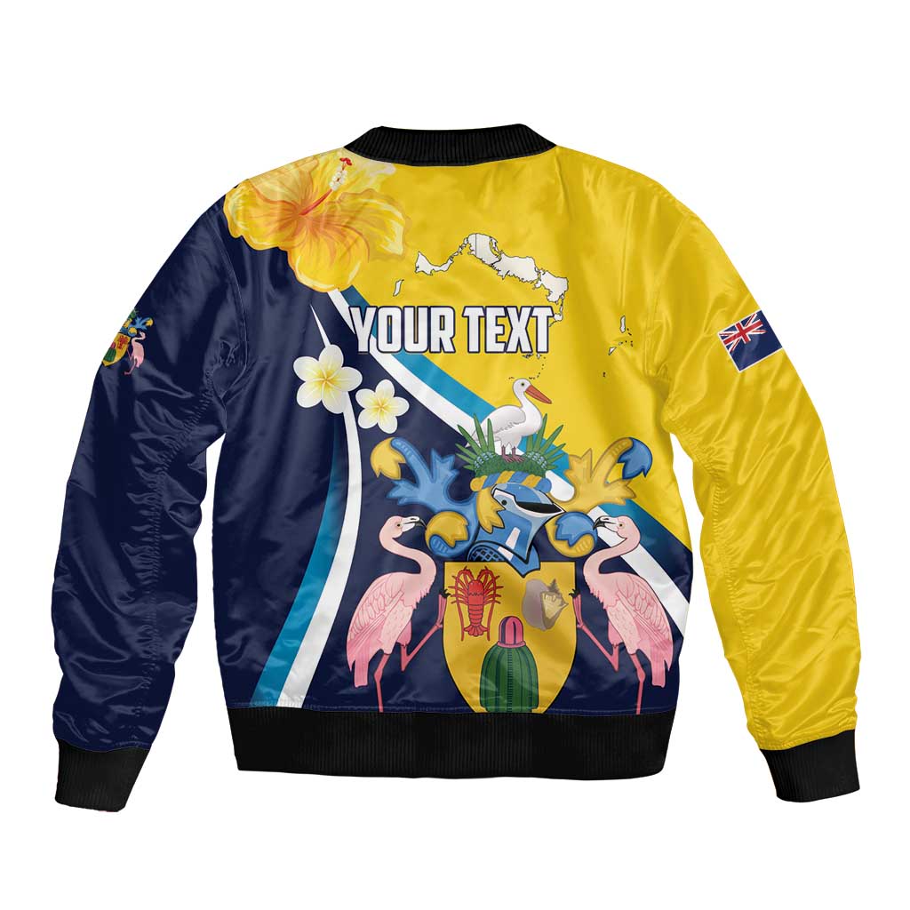 Personalised Turks and Caicos Islands Sleeve Zip Bomber Jacket Coat Of Arms Tropical Flowers