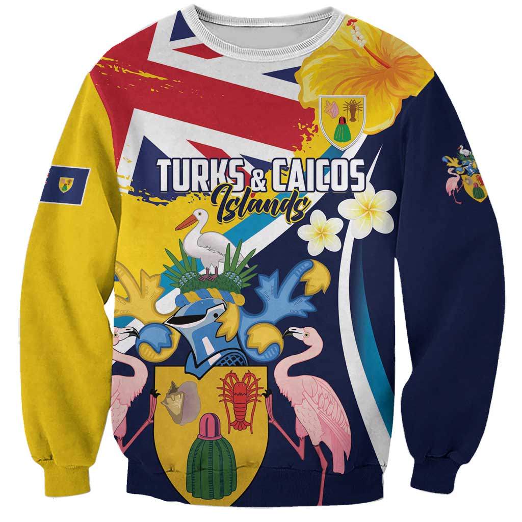 Personalised Turks and Caicos Islands Sweatshirt Coat Of Arms Tropical Flowers