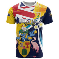 Personalised Turks and Caicos Islands T Shirt Coat Of Arms Tropical Flowers