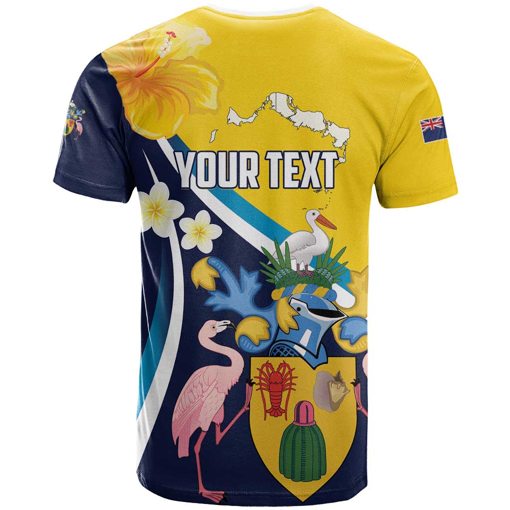 Personalised Turks and Caicos Islands T Shirt Coat Of Arms Tropical Flowers