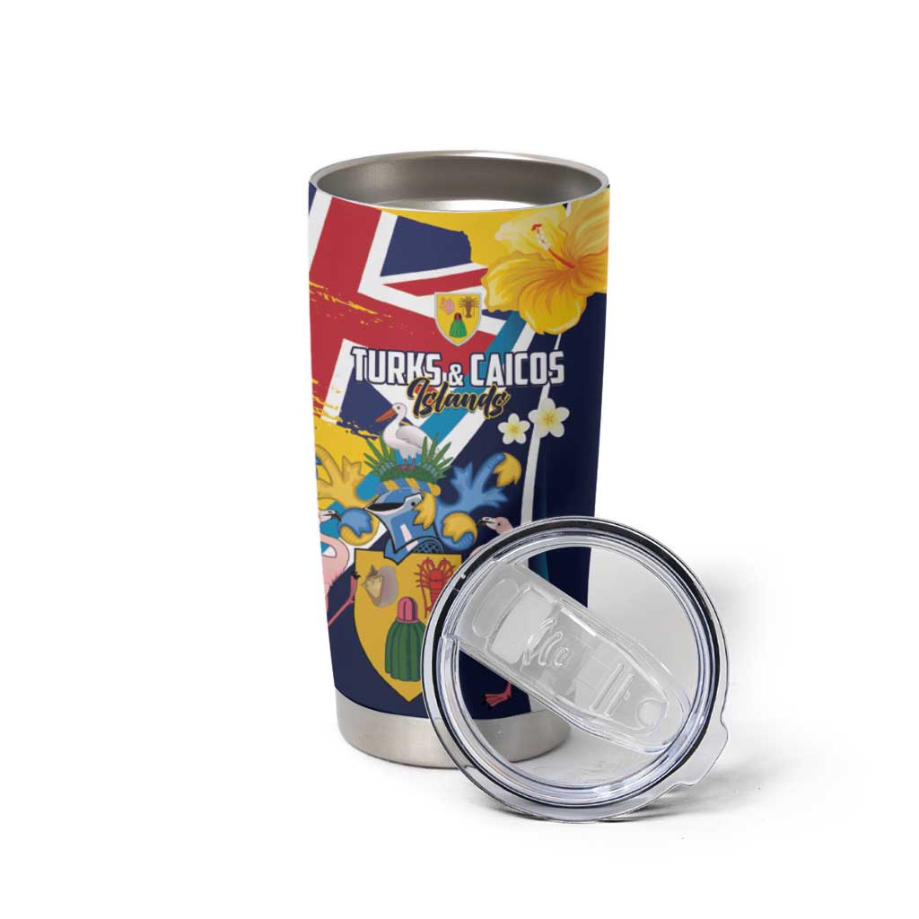 Personalised Turks and Caicos Islands Tumbler Cup Coat Of Arms Tropical Flowers