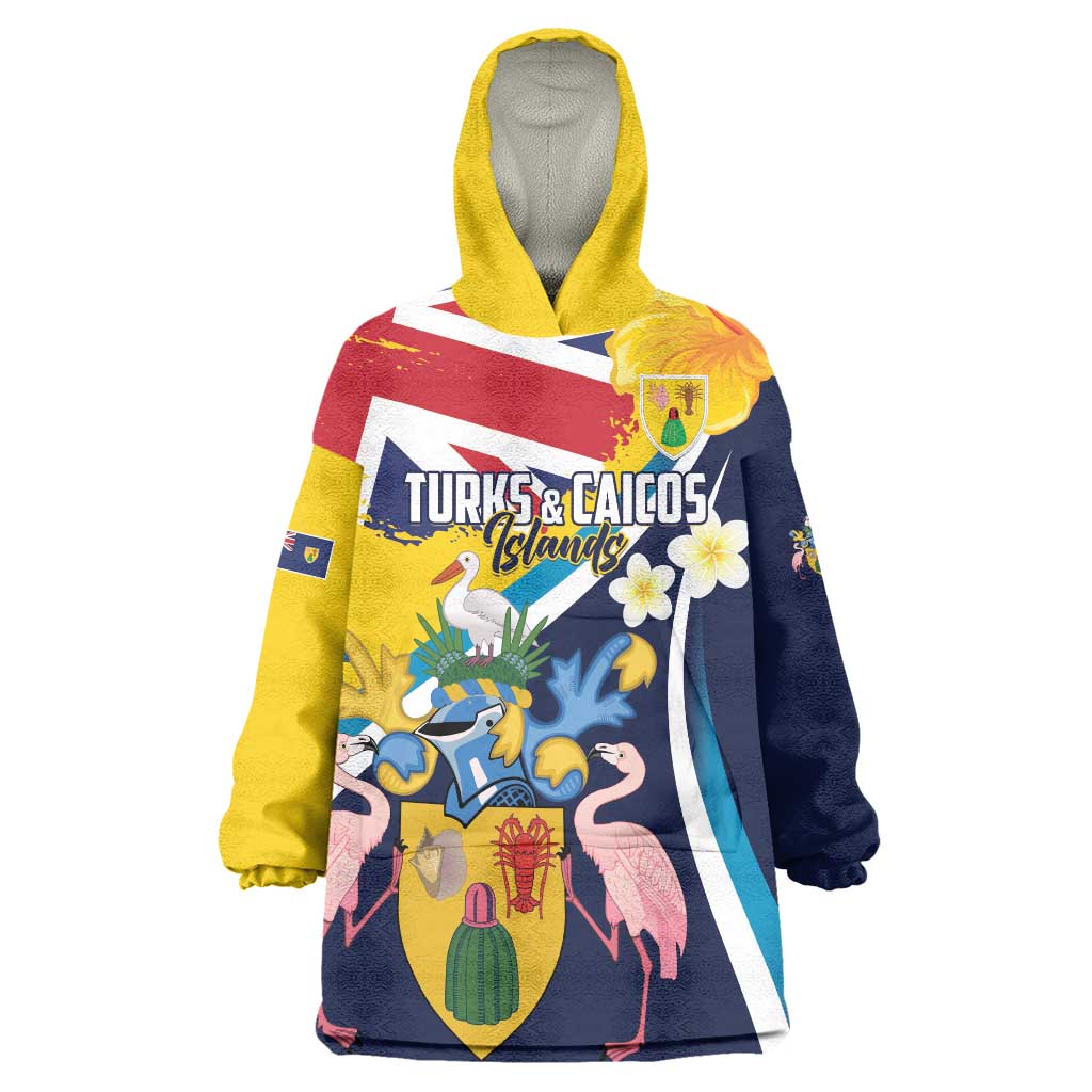 Personalised Turks and Caicos Islands Wearable Blanket Hoodie Coat Of Arms Tropical Flowers