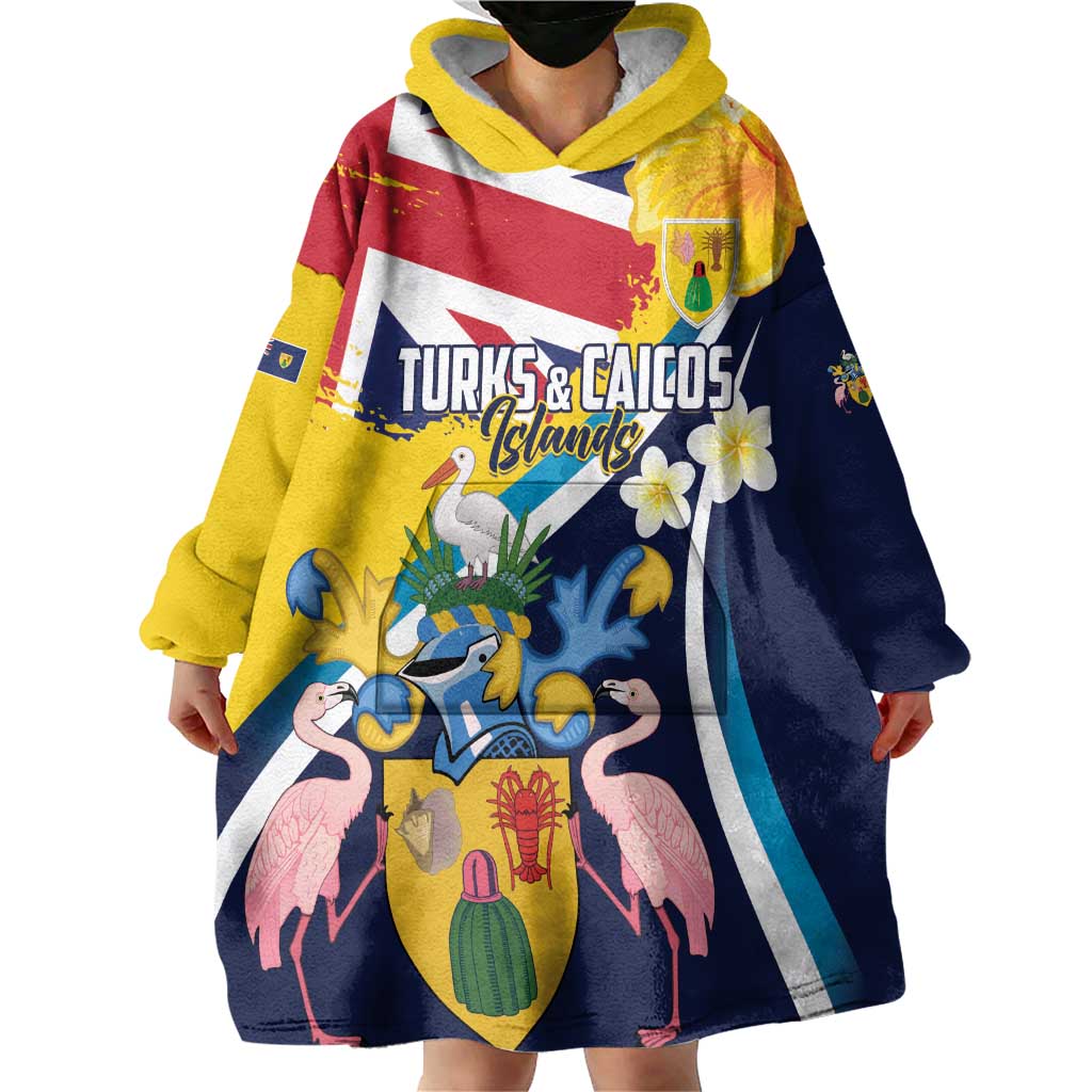 Personalised Turks and Caicos Islands Wearable Blanket Hoodie Coat Of Arms Tropical Flowers
