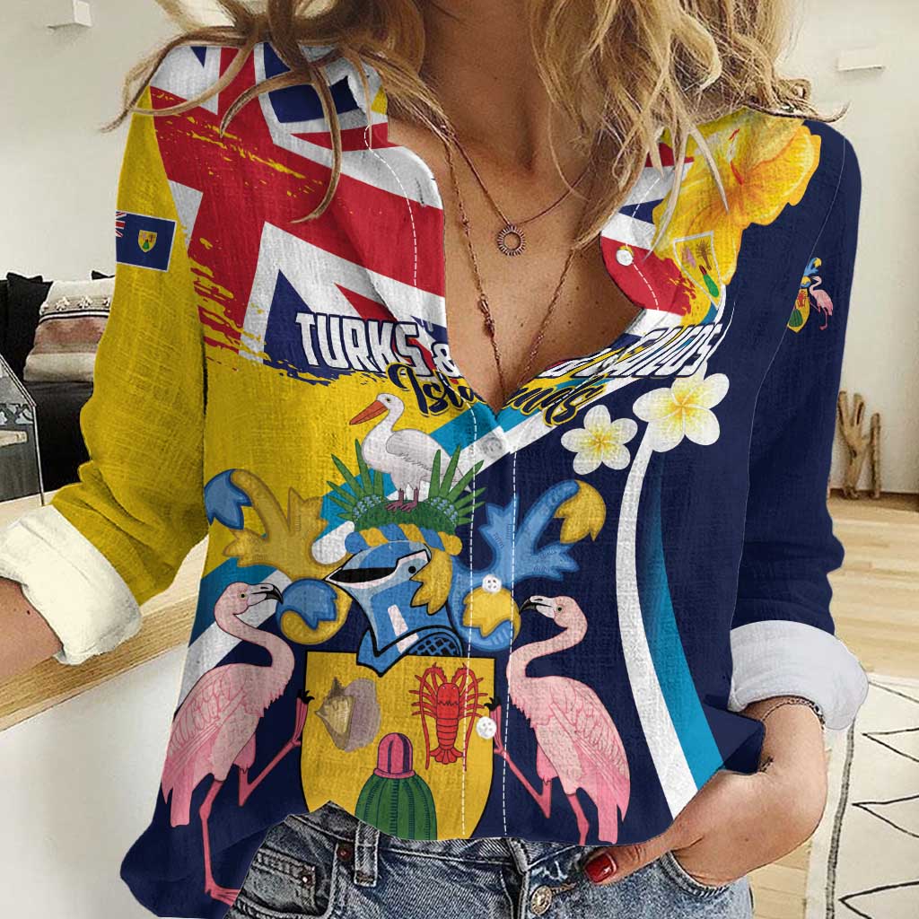 Personalised Turks and Caicos Islands Women Casual Shirt Coat Of Arms Tropical Flowers
