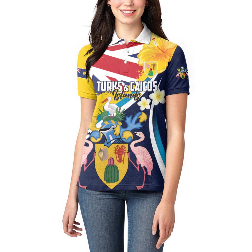 Personalised Turks and Caicos Islands Women Polo Shirt Coat Of Arms Tropical Flowers