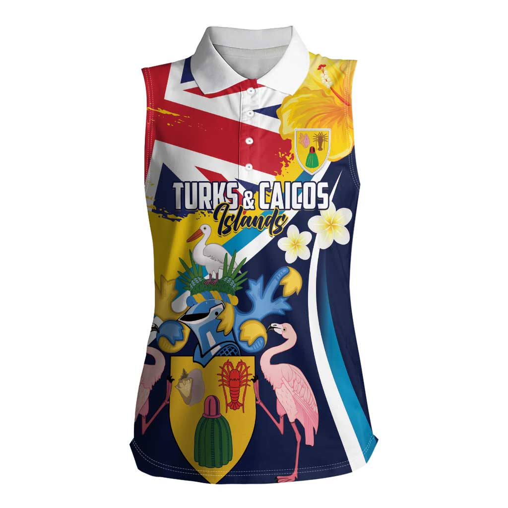 Personalised Turks and Caicos Islands Women Sleeveless Polo Shirt Coat Of Arms Tropical Flowers
