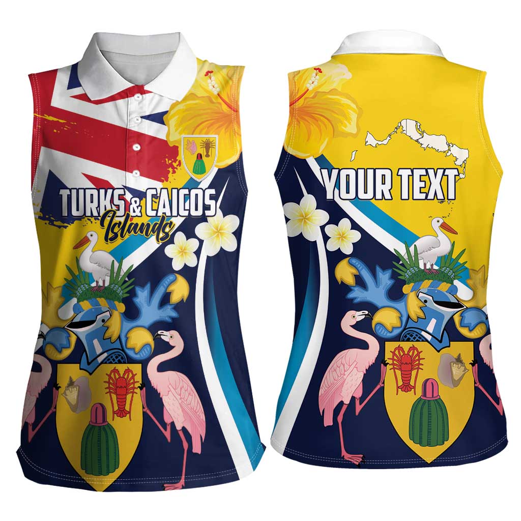 Personalised Turks and Caicos Islands Women Sleeveless Polo Shirt Coat Of Arms Tropical Flowers