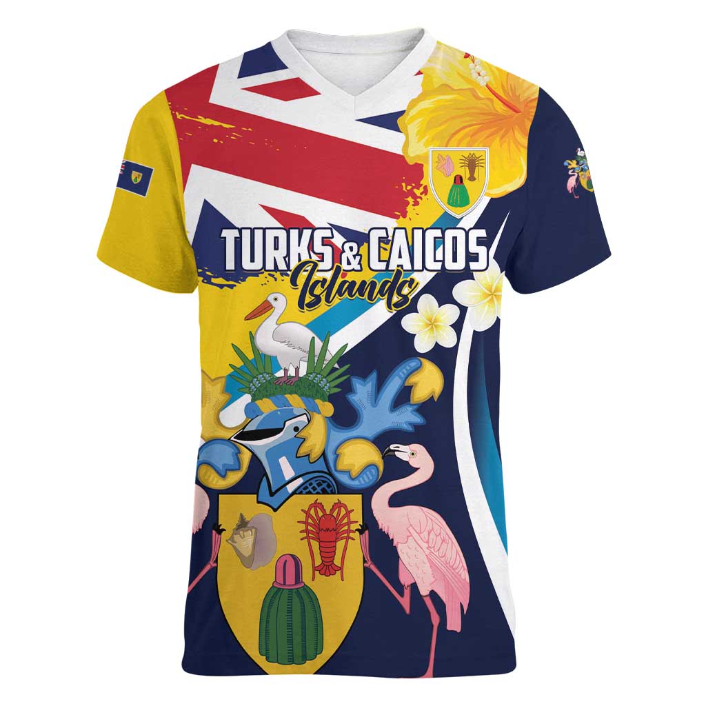 Personalised Turks and Caicos Islands Women V-Neck T-Shirt Coat Of Arms Tropical Flowers