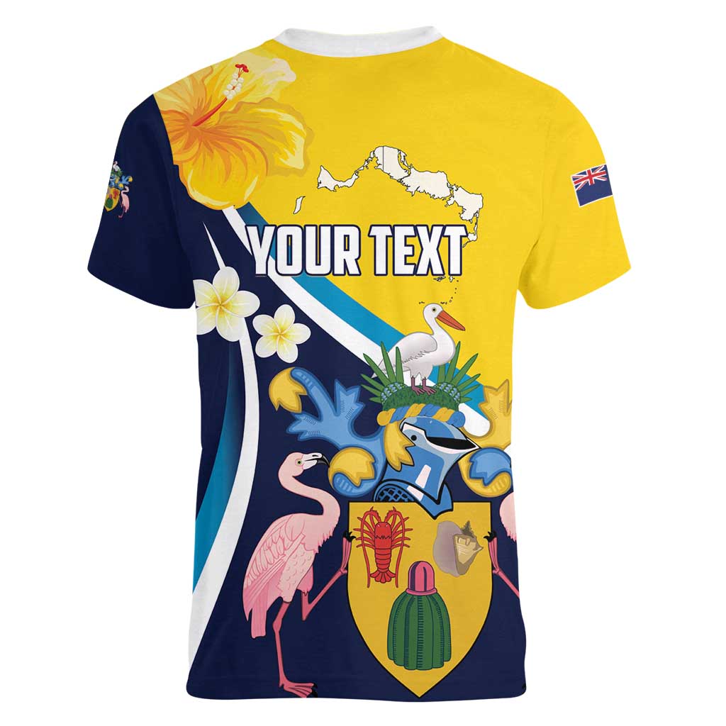 Personalised Turks and Caicos Islands Women V-Neck T-Shirt Coat Of Arms Tropical Flowers