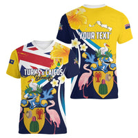Personalised Turks and Caicos Islands Women V-Neck T-Shirt Coat Of Arms Tropical Flowers