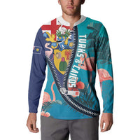 Turks and Caicos Islands Flamingo Button Sweatshirt Zipper Stylized
