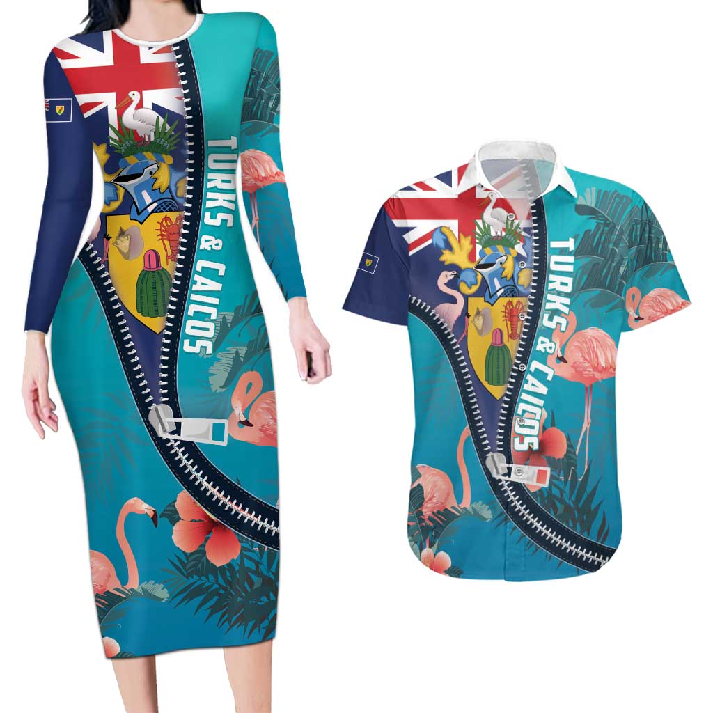 Turks and Caicos Islands Flamingo Couples Matching Long Sleeve Bodycon Dress and Hawaiian Shirt Zipper Stylized
