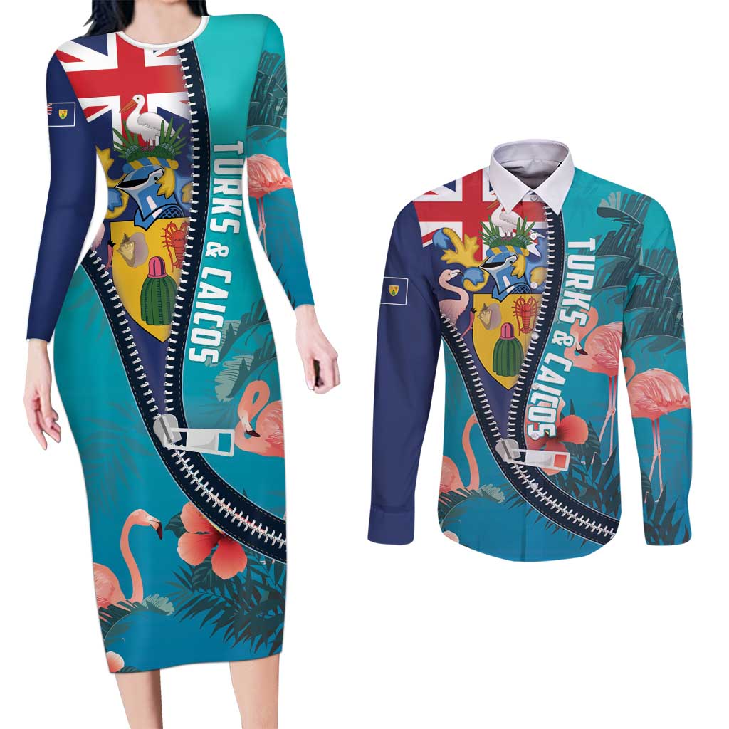 Turks and Caicos Islands Flamingo Couples Matching Long Sleeve Bodycon Dress and Long Sleeve Button Shirt Zipper Stylized