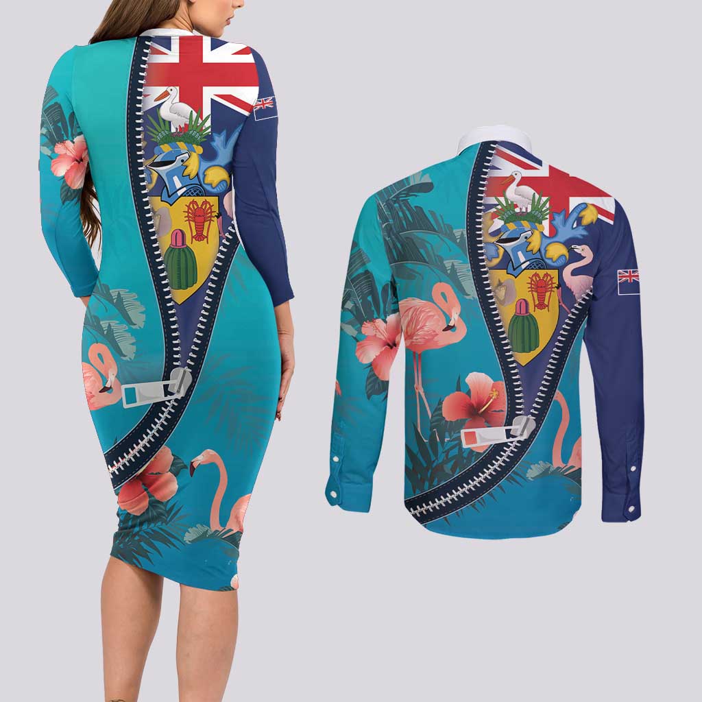 Turks and Caicos Islands Flamingo Couples Matching Long Sleeve Bodycon Dress and Long Sleeve Button Shirt Zipper Stylized