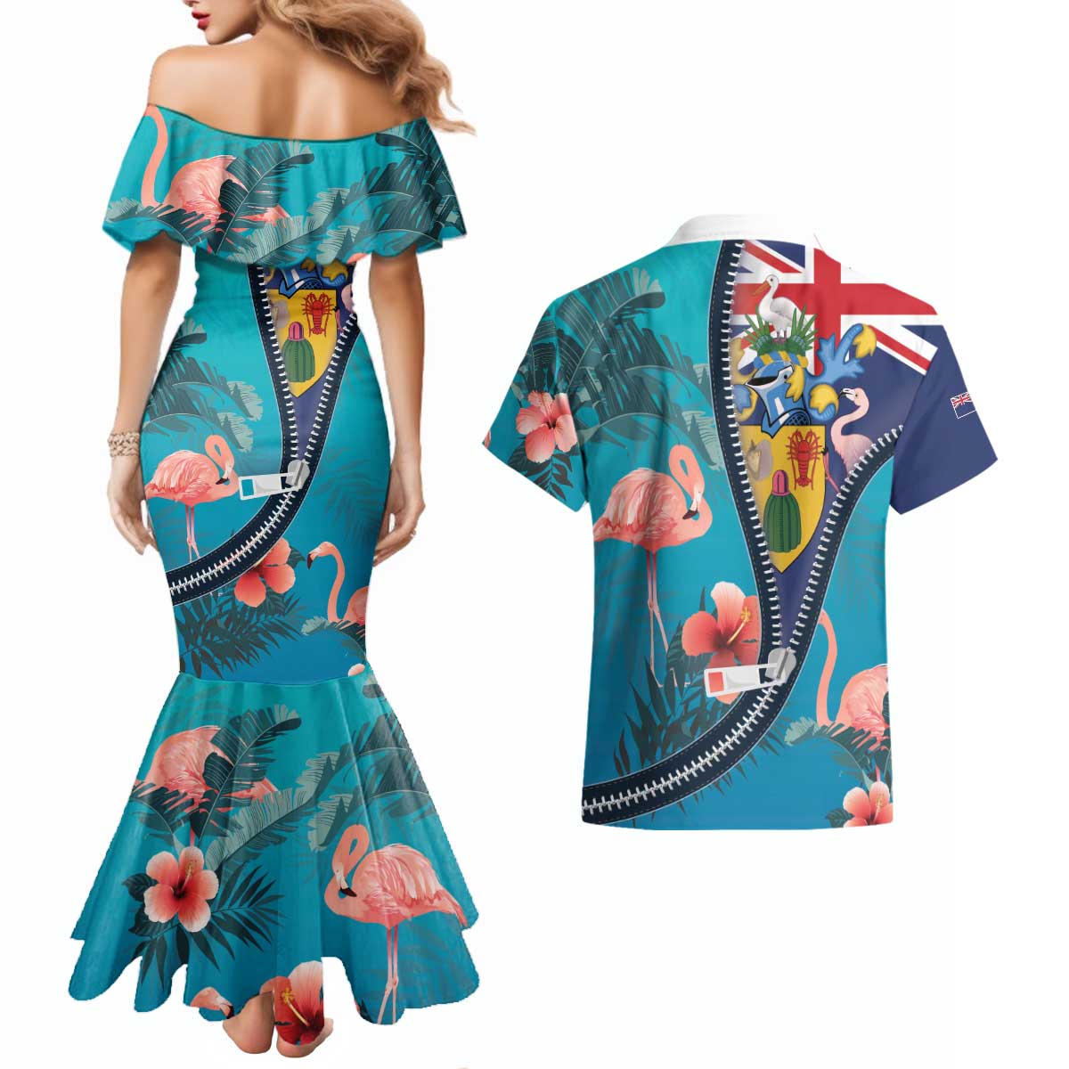 Turks and Caicos Islands Flamingo Couples Matching Mermaid Dress and Hawaiian Shirt Zipper Stylized