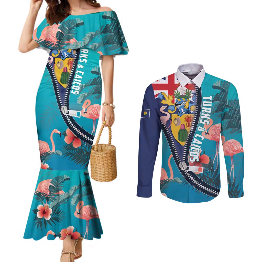 Turks and Caicos Islands Flamingo Couples Matching Mermaid Dress and Long Sleeve Button Shirt Zipper Stylized