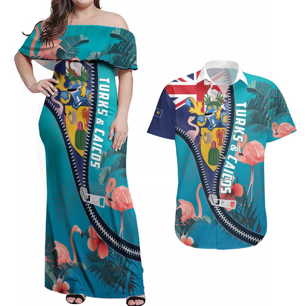 Turks and Caicos Islands Flamingo Couples Matching Off Shoulder Maxi Dress and Hawaiian Shirt Zipper Stylized