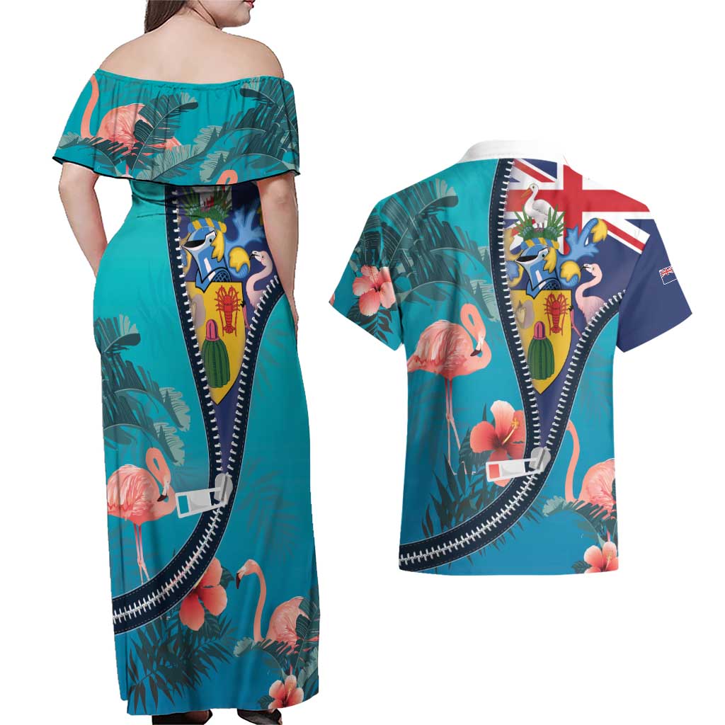 Turks and Caicos Islands Flamingo Couples Matching Off Shoulder Maxi Dress and Hawaiian Shirt Zipper Stylized