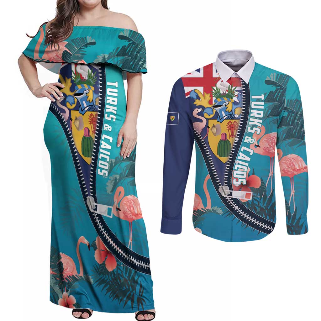 Turks and Caicos Islands Flamingo Couples Matching Off Shoulder Maxi Dress and Long Sleeve Button Shirt Zipper Stylized