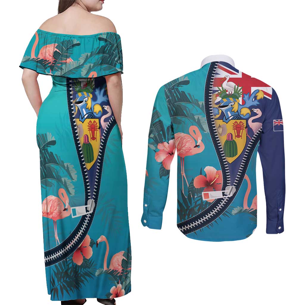 Turks and Caicos Islands Flamingo Couples Matching Off Shoulder Maxi Dress and Long Sleeve Button Shirt Zipper Stylized