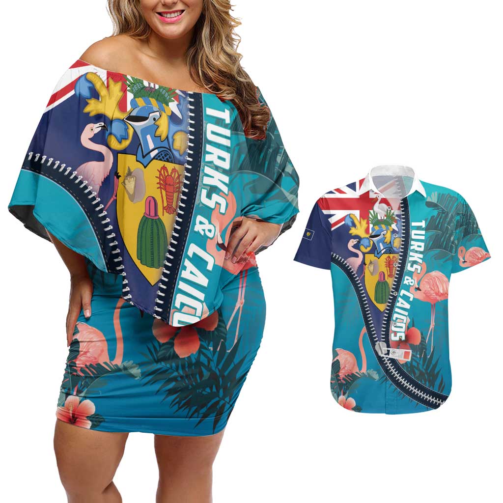 Turks and Caicos Islands Flamingo Couples Matching Off Shoulder Short Dress and Hawaiian Shirt Zipper Stylized