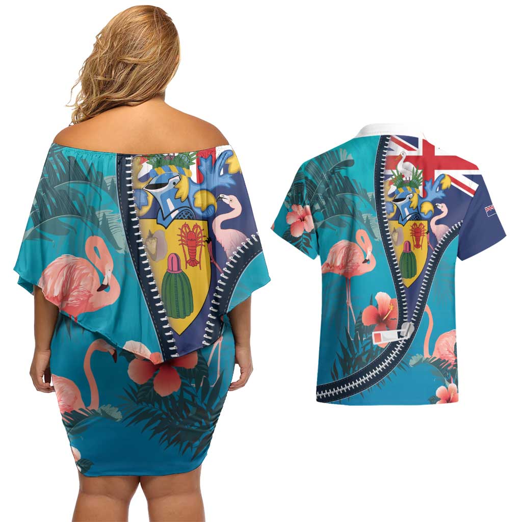 Turks and Caicos Islands Flamingo Couples Matching Off Shoulder Short Dress and Hawaiian Shirt Zipper Stylized