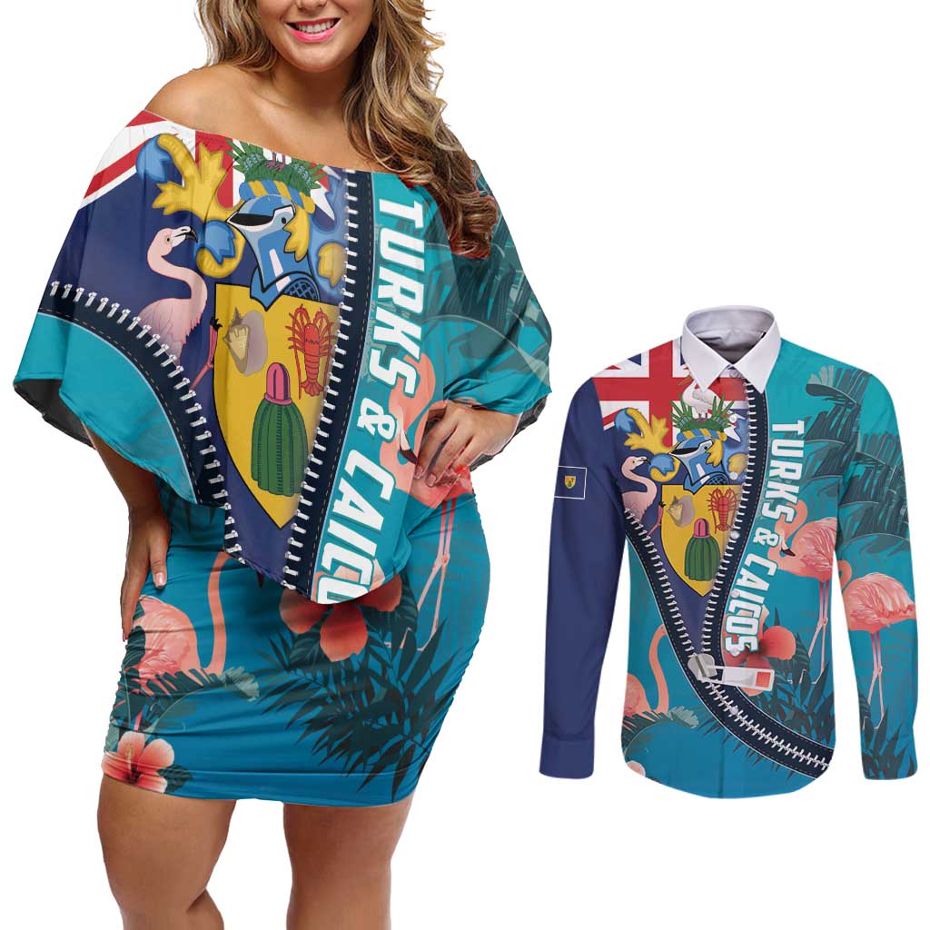 Turks and Caicos Islands Flamingo Couples Matching Off Shoulder Short Dress and Long Sleeve Button Shirt Zipper Stylized
