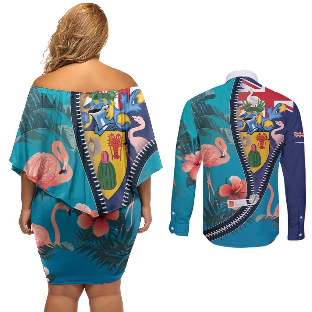 Turks and Caicos Islands Flamingo Couples Matching Off Shoulder Short Dress and Long Sleeve Button Shirt Zipper Stylized