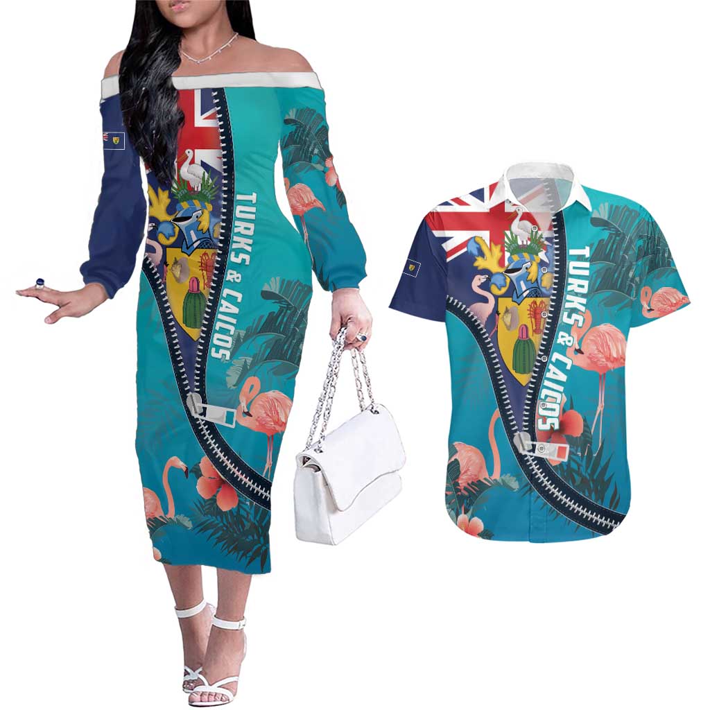 Turks and Caicos Islands Flamingo Couples Matching Off The Shoulder Long Sleeve Dress and Hawaiian Shirt Zipper Stylized