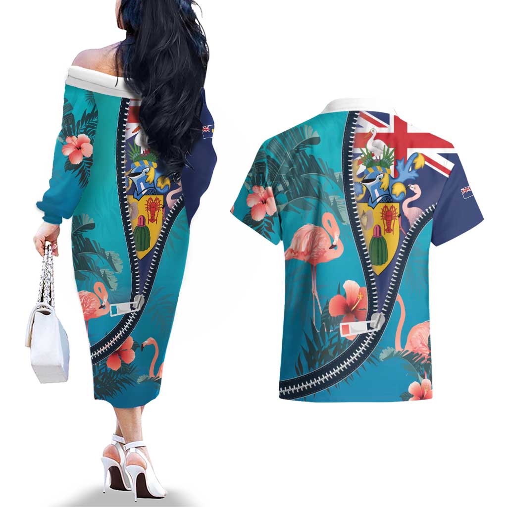 Turks and Caicos Islands Flamingo Couples Matching Off The Shoulder Long Sleeve Dress and Hawaiian Shirt Zipper Stylized