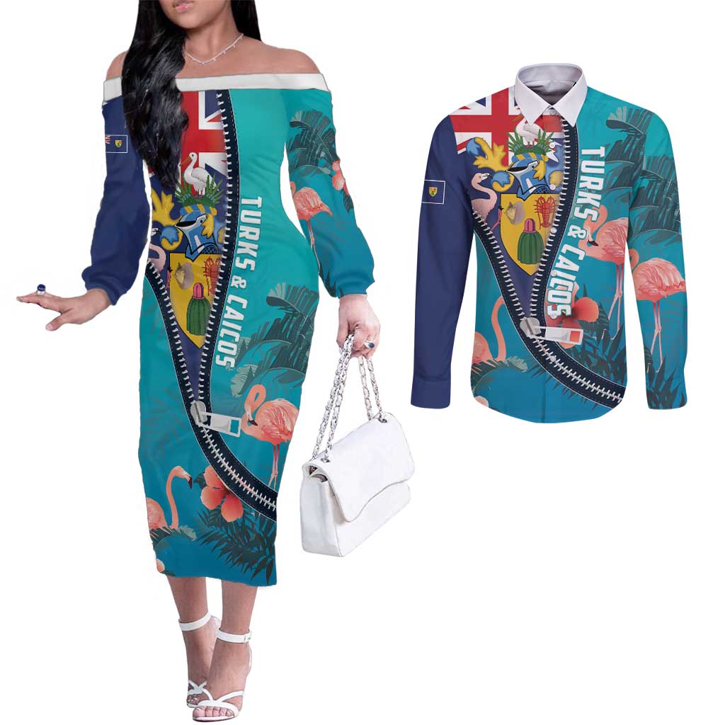 Turks and Caicos Islands Flamingo Couples Matching Off The Shoulder Long Sleeve Dress and Long Sleeve Button Shirt Zipper Stylized