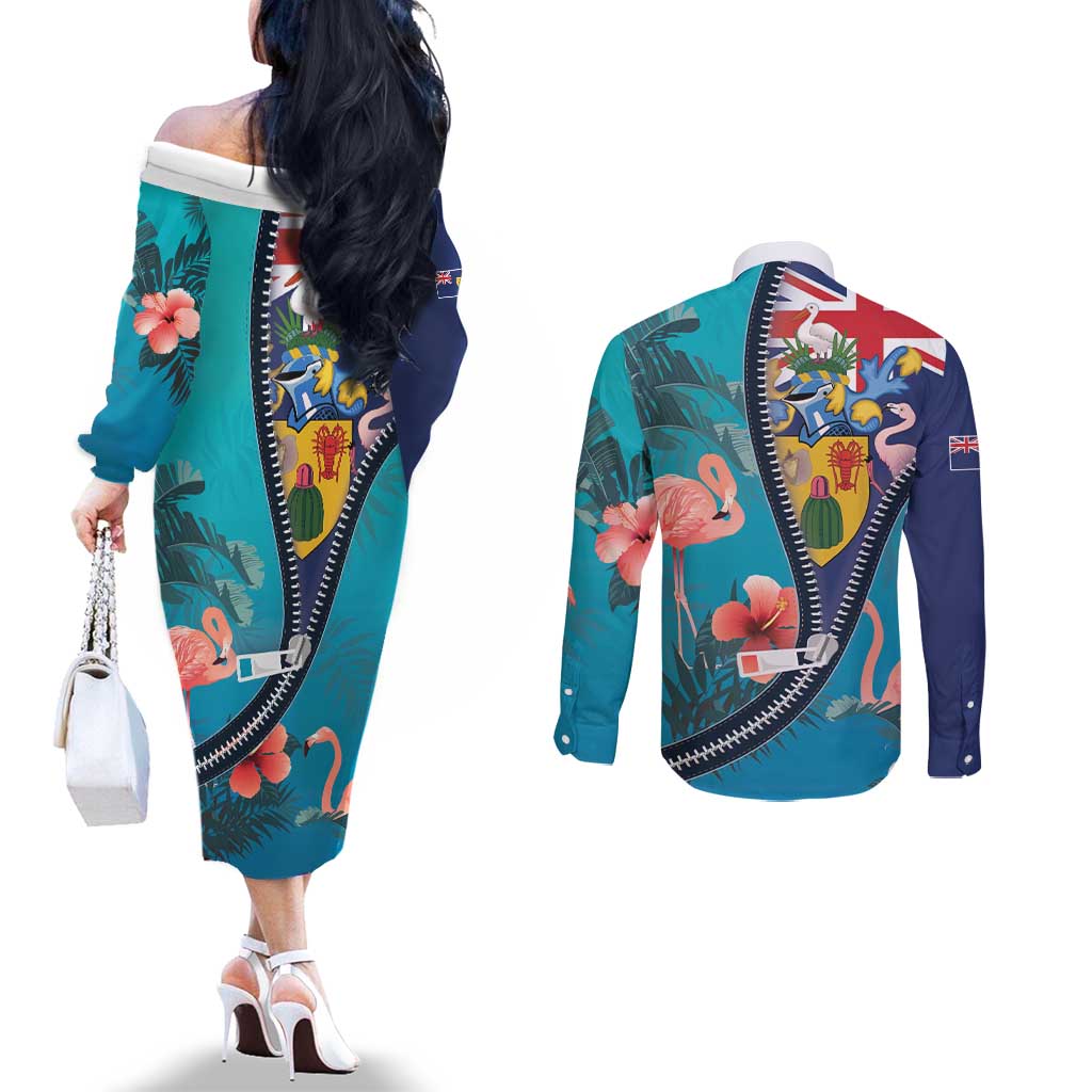 Turks and Caicos Islands Flamingo Couples Matching Off The Shoulder Long Sleeve Dress and Long Sleeve Button Shirt Zipper Stylized