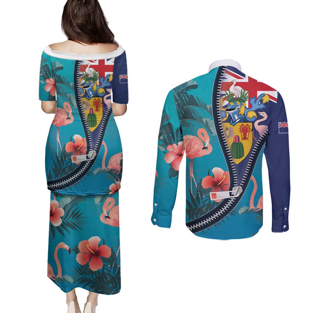 Turks and Caicos Islands Flamingo Couples Matching Puletasi and Long Sleeve Button Shirt Zipper Stylized