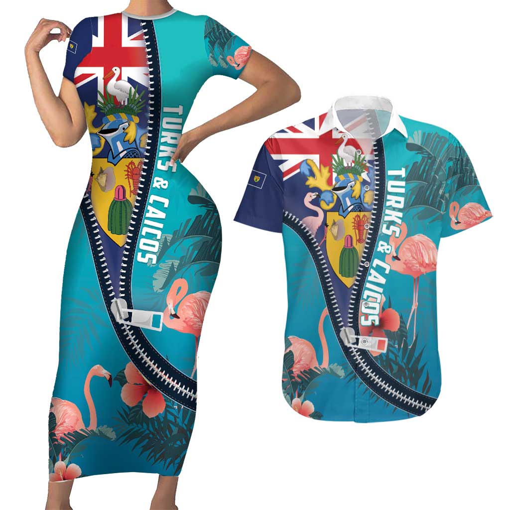 Turks and Caicos Islands Flamingo Couples Matching Short Sleeve Bodycon Dress and Hawaiian Shirt Zipper Stylized