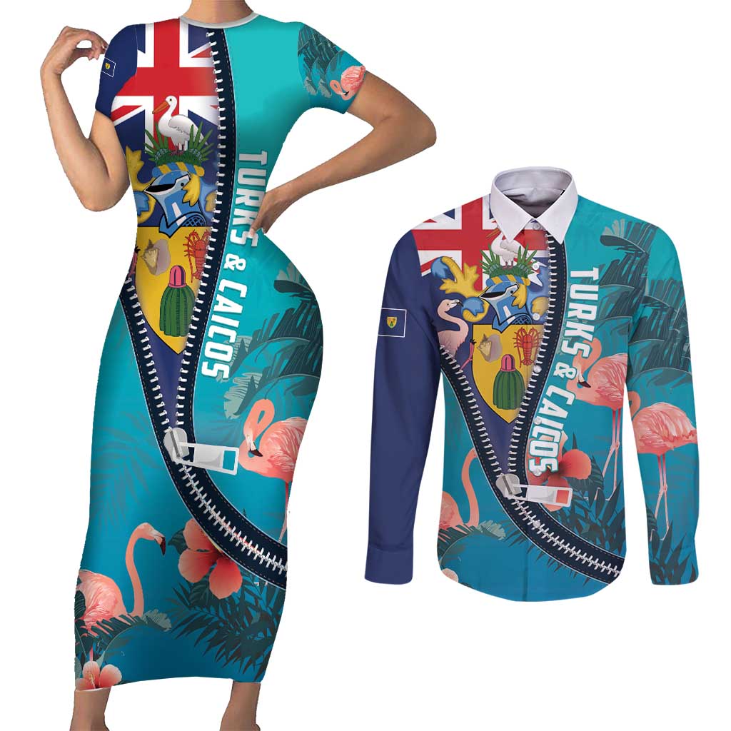 Turks and Caicos Islands Flamingo Couples Matching Short Sleeve Bodycon Dress and Long Sleeve Button Shirt Zipper Stylized