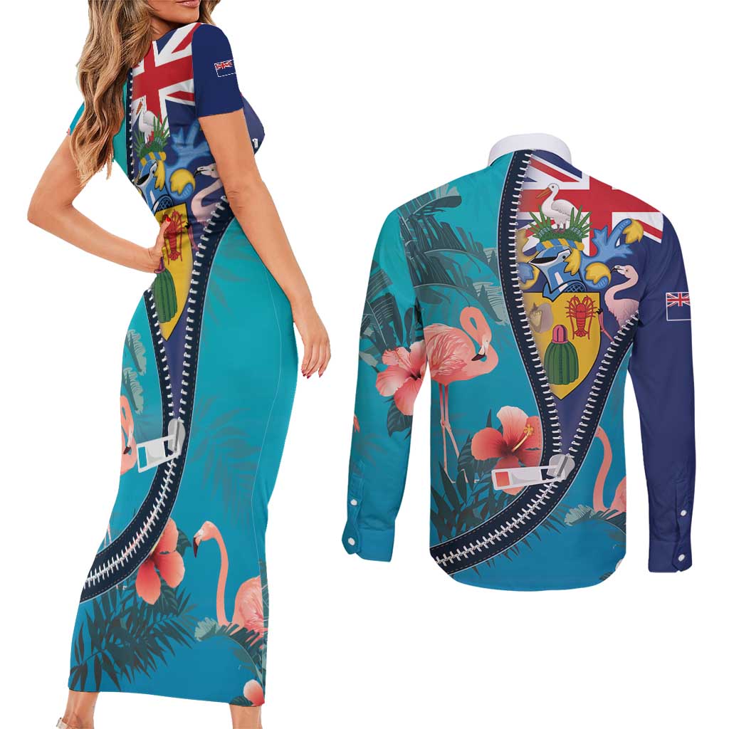Turks and Caicos Islands Flamingo Couples Matching Short Sleeve Bodycon Dress and Long Sleeve Button Shirt Zipper Stylized