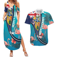 Turks and Caicos Islands Flamingo Couples Matching Summer Maxi Dress and Hawaiian Shirt Zipper Stylized