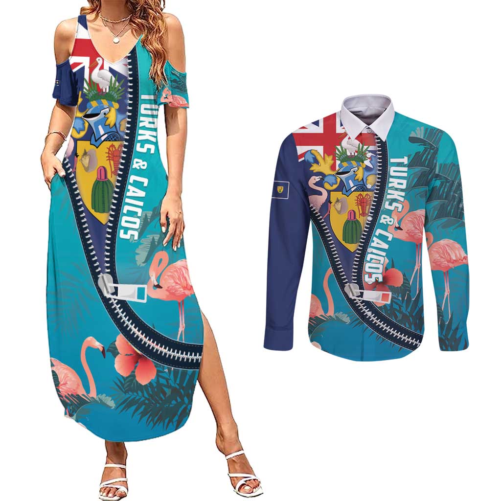 Turks and Caicos Islands Flamingo Couples Matching Summer Maxi Dress and Long Sleeve Button Shirt Zipper Stylized