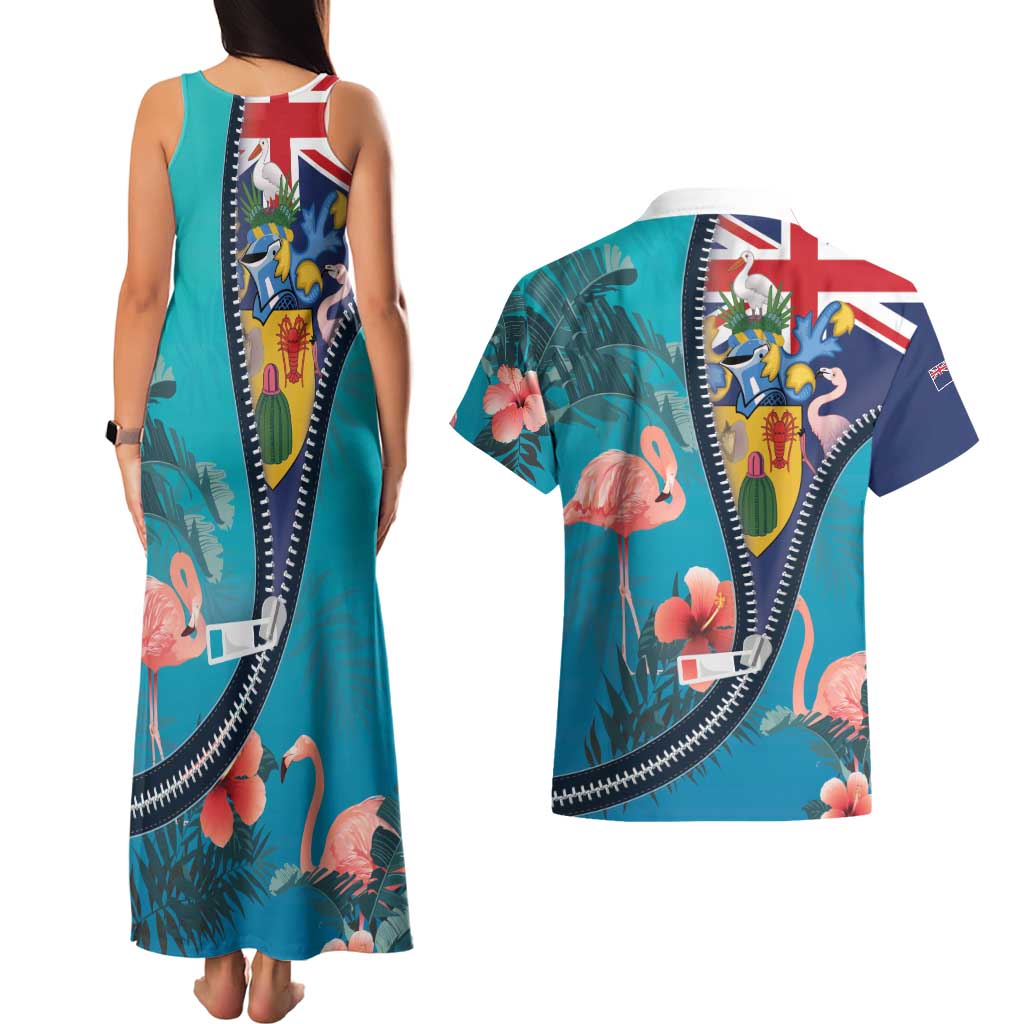 Turks and Caicos Islands Flamingo Couples Matching Tank Maxi Dress and Hawaiian Shirt Zipper Stylized