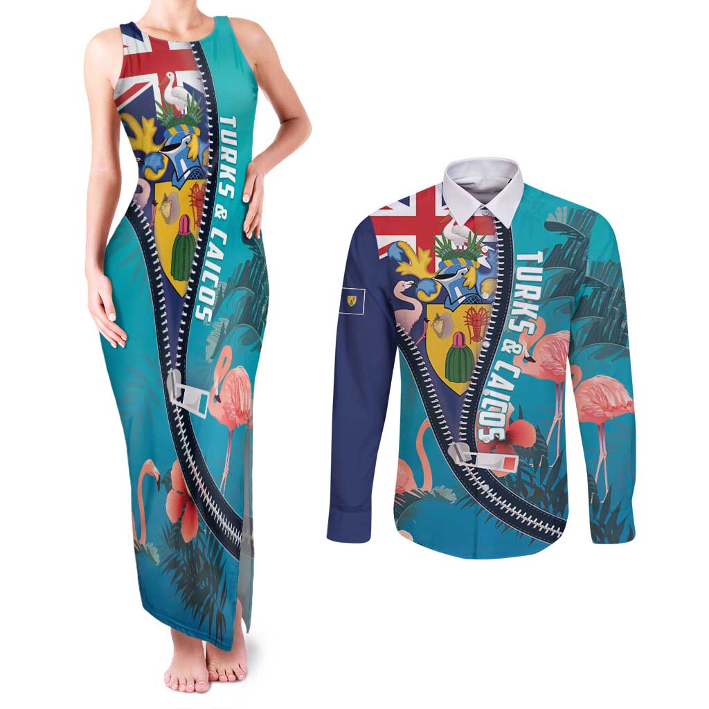 Turks and Caicos Islands Flamingo Couples Matching Tank Maxi Dress and Long Sleeve Button Shirt Zipper Stylized