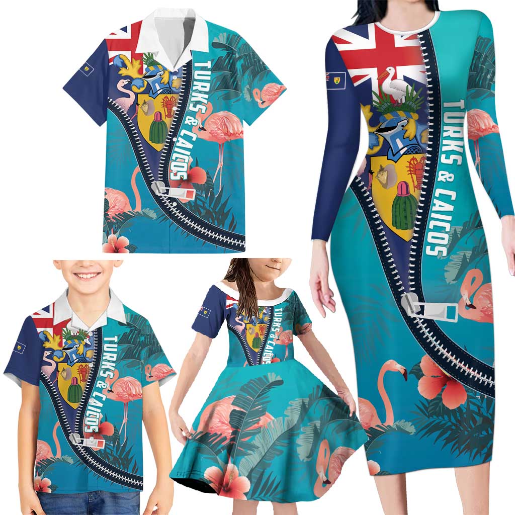 Turks and Caicos Islands Flamingo Family Matching Long Sleeve Bodycon Dress and Hawaiian Shirt Zipper Stylized